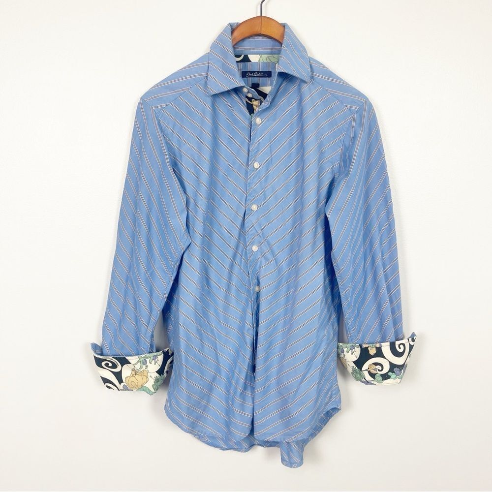 Robert Graham Blue Striped Button Down Shirt Floral Cuffs Size Small - Picture 2 of 7